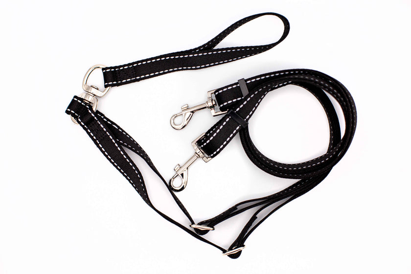Outdoor Style Black Reflective Adjustable Double Leash