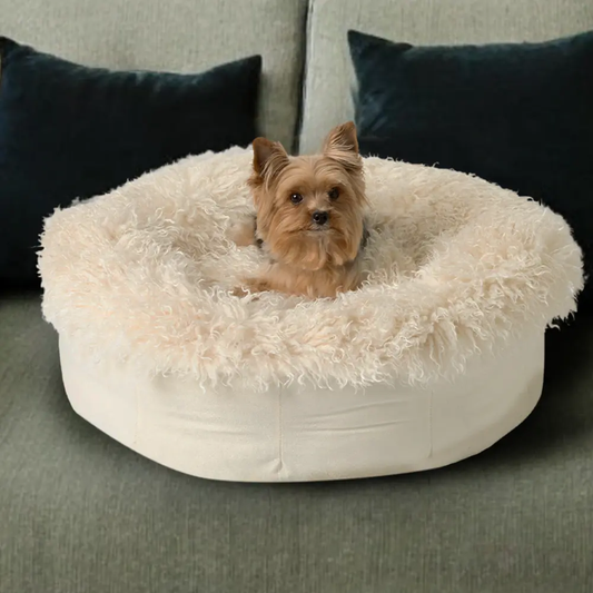 PupPouf™ Luxe Faux Fur Donut Dog Bed - Plush Sheep Ivory Paw.com