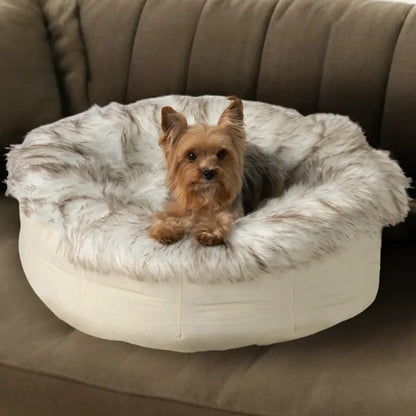 PupPouf™ Faux Fur Donut Dog Bed - White with Brown Accents Paw.com