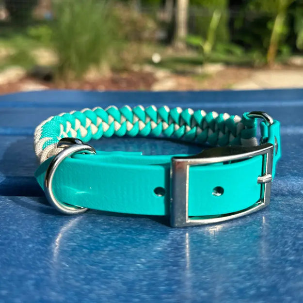 Fishtail Hand Braided Dog Collar in Teal & Cream