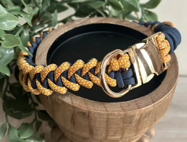 Fishtail Braid in Goldenrod & Navy - Handmade Dog Collar Pawsh Pup Co.