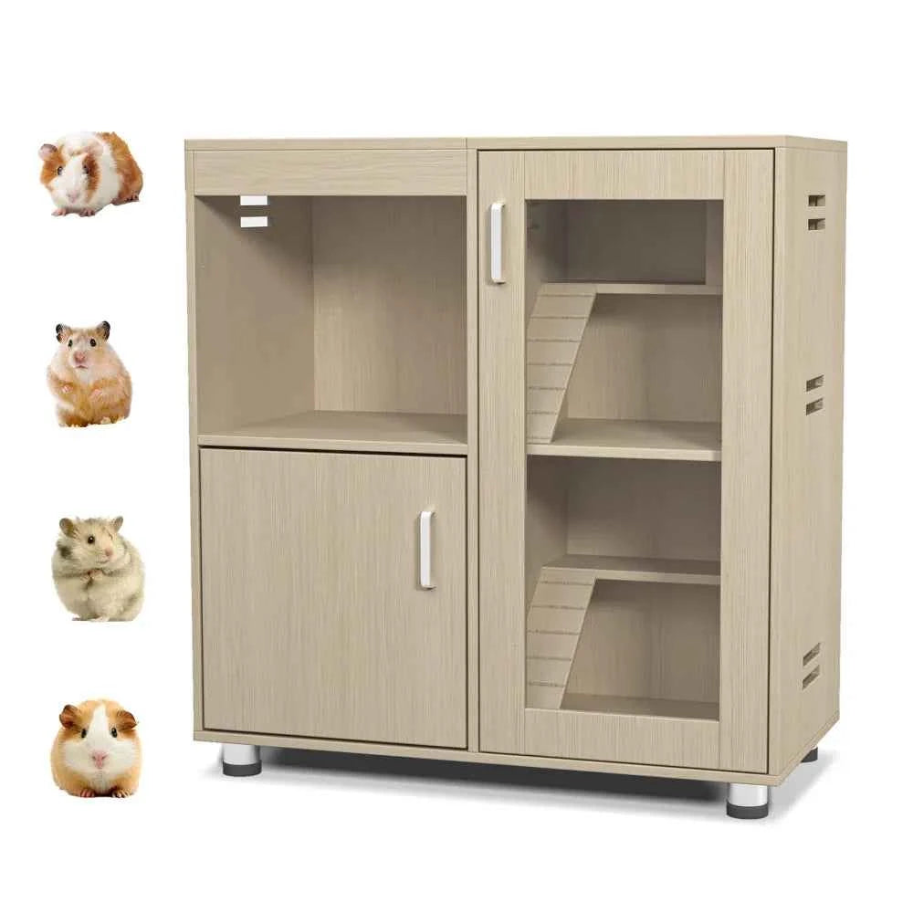 Hamster Cage, Small Animal Cage for Chinchilla/Rat, 4-Tier Guinea Pig Cage Wood with Acrylic Windows, Storage Cabinet