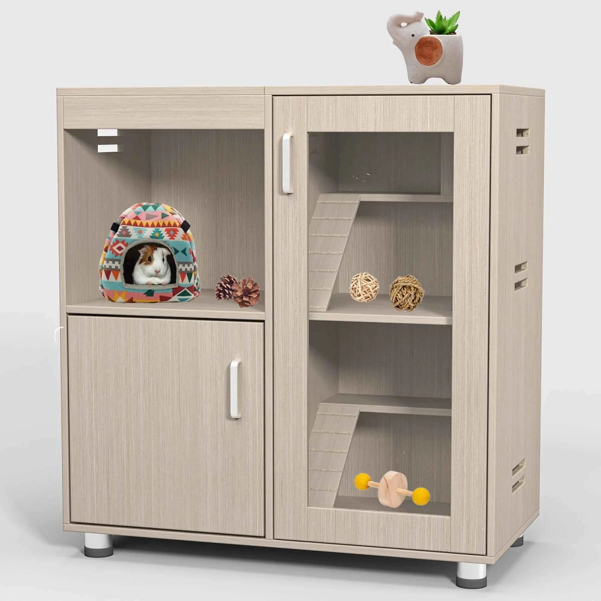 Guinea Pig Cages 4-Tier Hamster Cage Wood with Storage Cabinet House for Rat Chinchilla