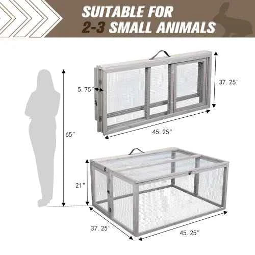 Portable Grey FCJ Folding Rabbit Hutch Wooden Guinea Pig Runway with Perch Pole Outdoor Animal Cage