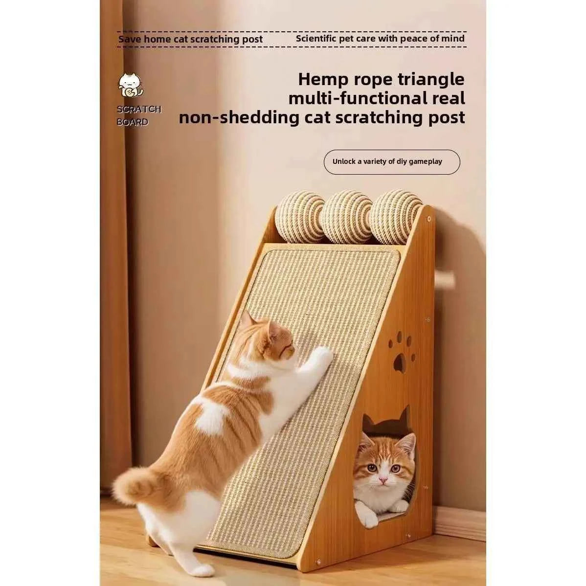 Large Vertical Cat Tree - Wood and Sisal Scratching Tower House