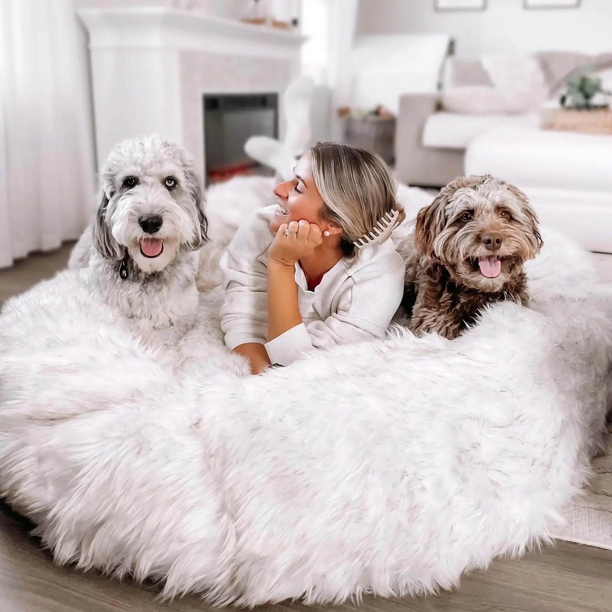 PupCloud™ Human-Size Faux Fur Memory Foam Dog Bed - White with Brown Accents Paw.com
