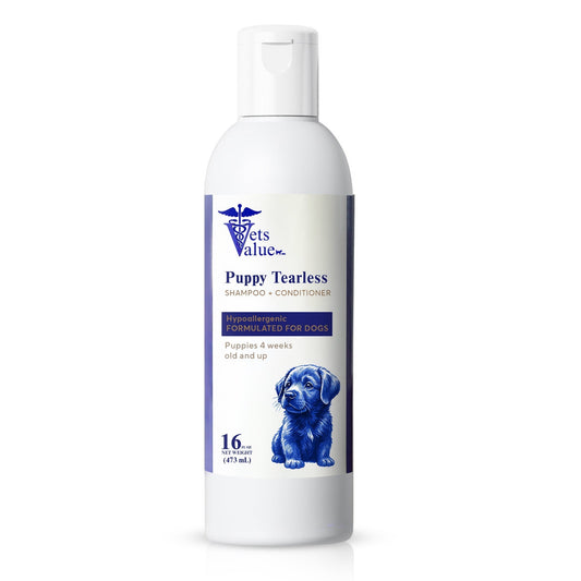 Vets Value Puppy Tearless Shampoo + Conditioner 16oz - Hypoallergenic Dog Wash for Puppies 4 Weeks & Up Gentle Formula Soothes Sensitive Skin, Softens Coat, Nourishing, Healthy Grooming - pH Balanced Horizon Animal Care