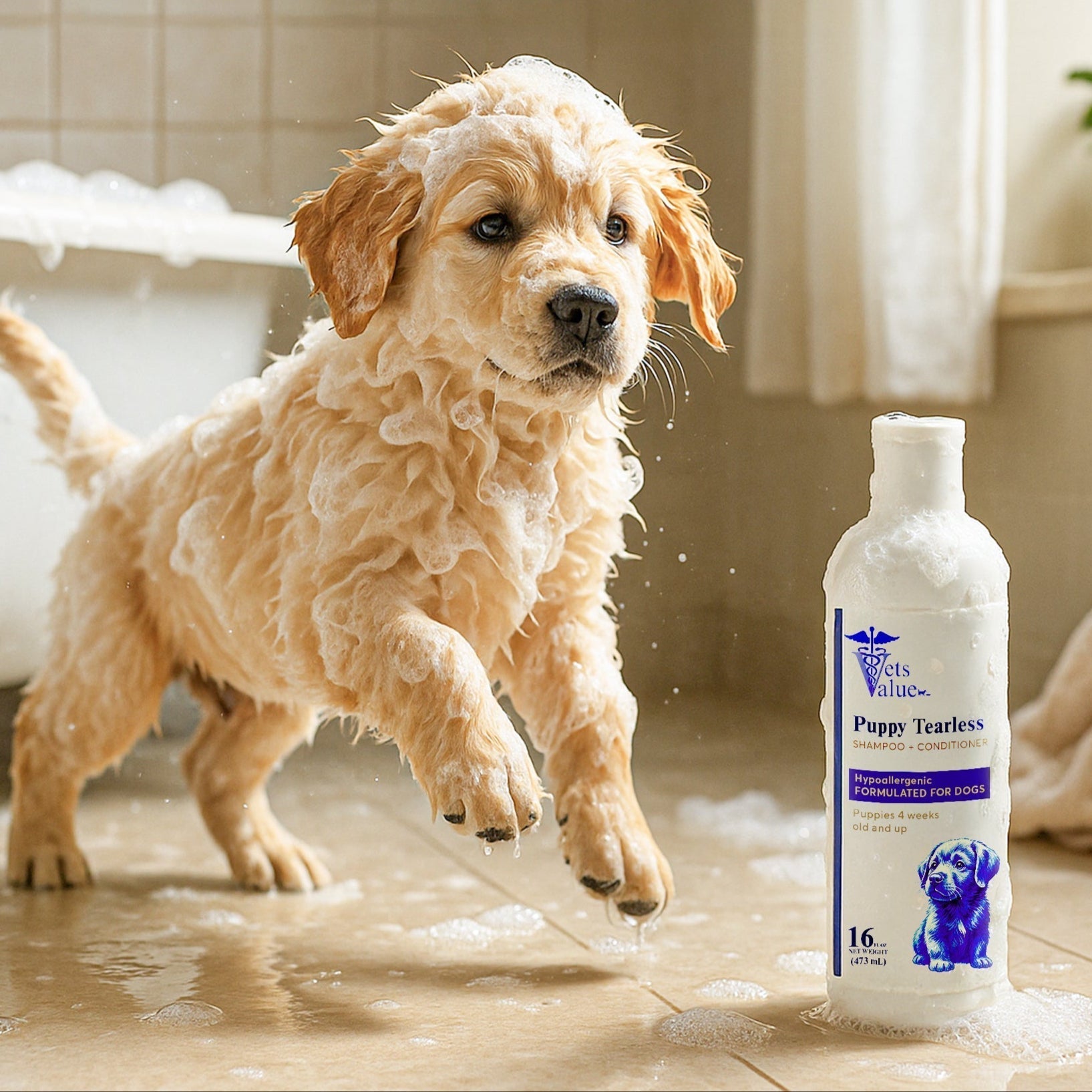 Vets Value Puppy Tearless Shampoo + Conditioner 16oz - Hypoallergenic Dog Wash for Puppies 4 Weeks & Up Gentle Formula Soothes Sensitive Skin, Softens Coat, Nourishing, Healthy Grooming - pH Balanced Horizon Animal Care