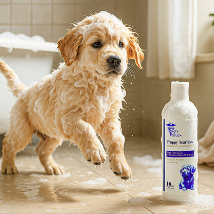 Vets Value Puppy Tearless Shampoo + Conditioner 16oz - Hypoallergenic Dog Wash for Puppies 4 Weeks & Up Gentle Formula Soothes Sensitive Skin, Softens Coat, Nourishing, Healthy Grooming - pH Balanced Horizon Animal Care