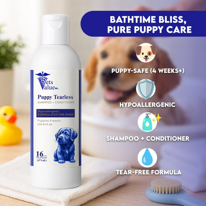 Vets Value Puppy Tearless Shampoo + Conditioner 16oz - Hypoallergenic Dog Wash for Puppies 4 Weeks & Up Gentle Formula Soothes Sensitive Skin, Softens Coat, Nourishing, Healthy Grooming - pH Balanced Horizon Animal Care