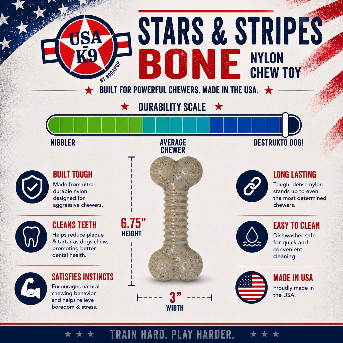 USA-K9 Stars and Stripes Bone Nylon Dog Chew Toy for Aggressive Chewers | USA Made