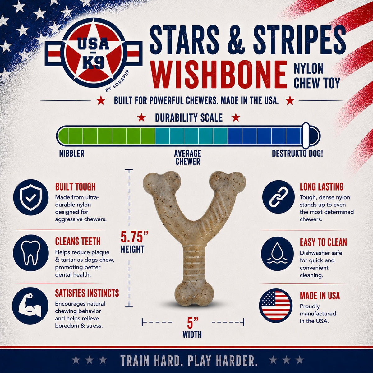 USA-K9 Stars and Stripes Wishbone Nylon Dog Chew Toy for Aggressive Chewers | USA Made
