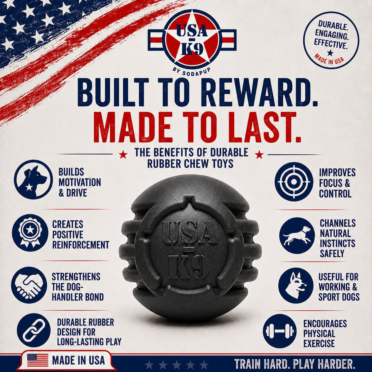 USA-K9 Stars and Stripes Rubber Dog Toy | K9 Handler Reward Toy | Red | USA Made