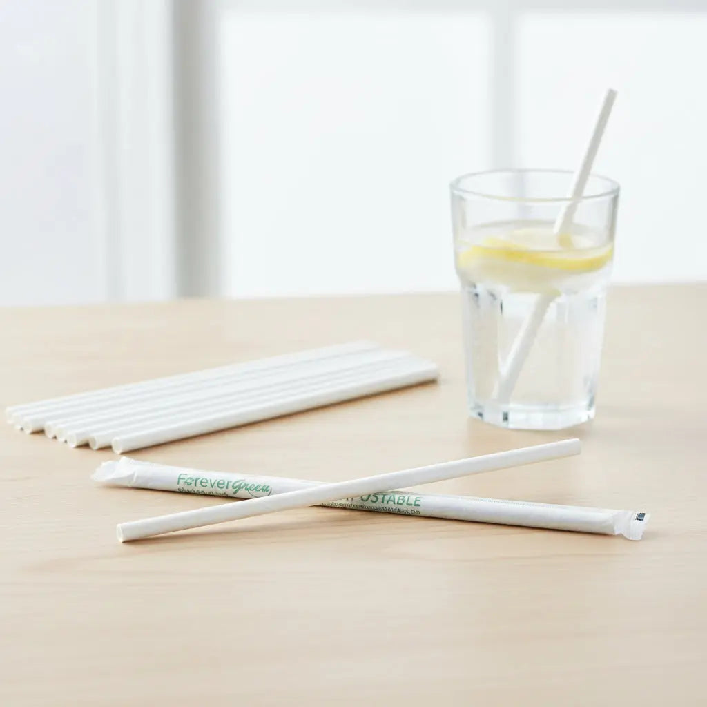 Wrapped 7.75'' x 0.24'' Compostable White Jumbo Drinking Straws - 2,500 Count beyondGREEN biotech™