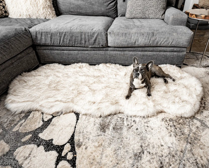 PupRug™ Runner Faux Fur Memory Foam Dog Bed - Curve White with Brown Accents Paw.com