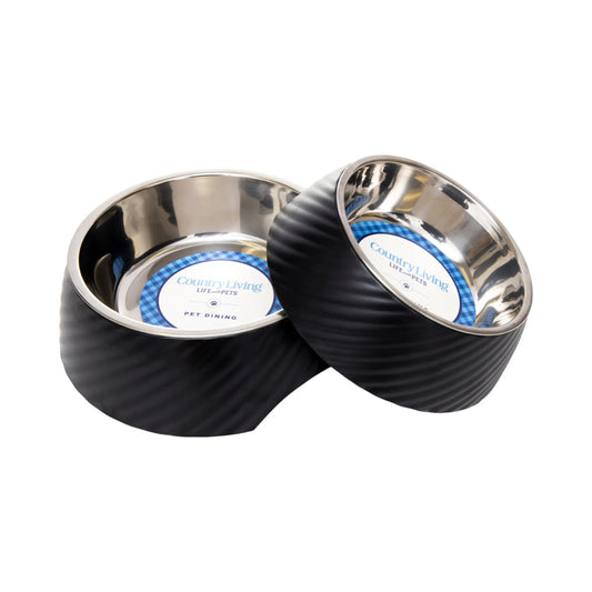 Country Living Set of 2 Round Twill Melamine Dog Bowls with Removable Stainless Steel Inserts – Black American Pet Supplies