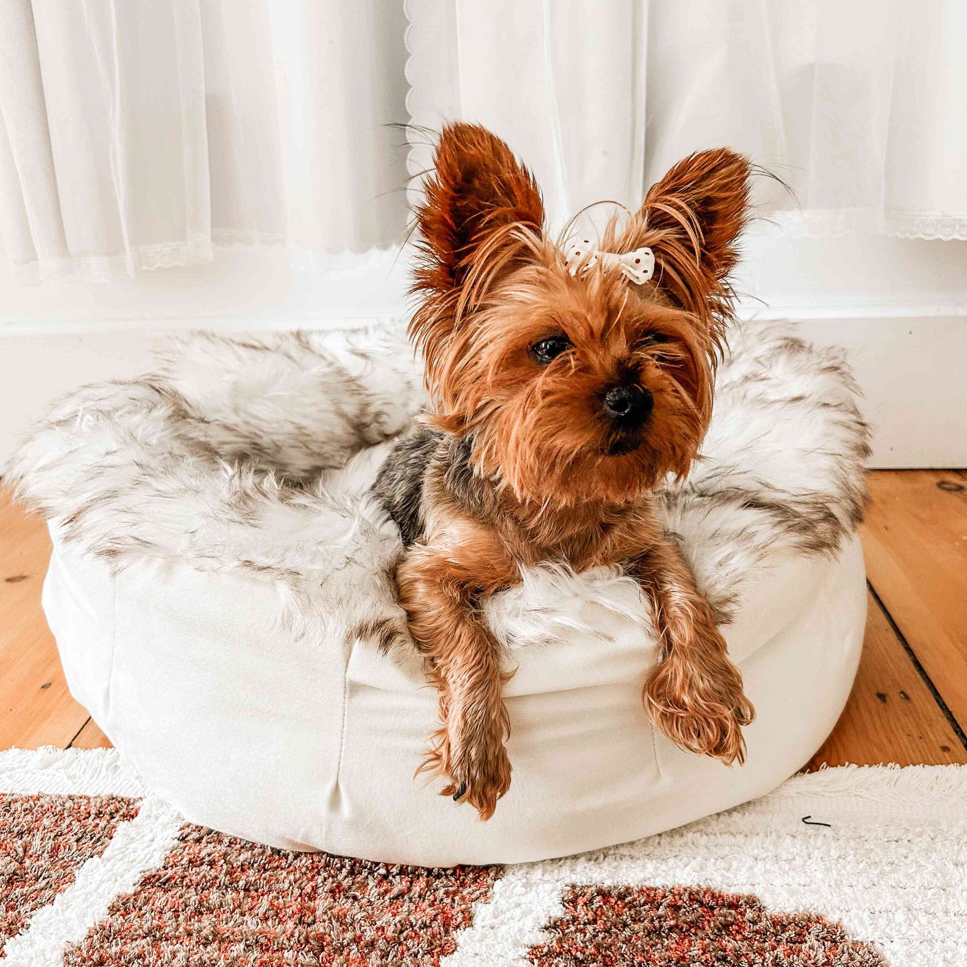 PupPouf™ Faux Fur Donut Dog Bed - White with Brown Accents Paw.com
