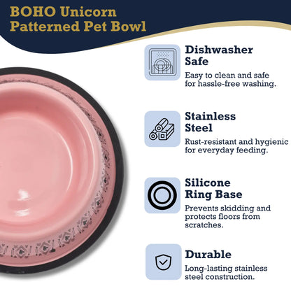 Non-Skid Boho Stainless Steel Dog Bowl – with Whimsical Unicorn Design, Silicone Base for Medium Dogs – 24oz American Pet Supplies