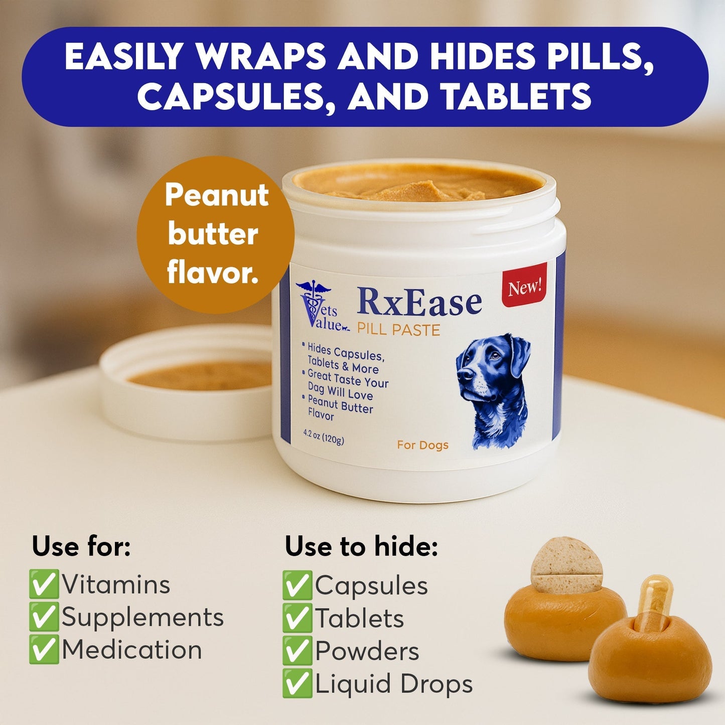 RxEase Pill Paste for Dogs – 4.2 oz Peanut Butter Flavor – Hides Capsules, Tablets & More – Easy-to-Mold Medication Treat for Dogs – Great-Tasting Dog Pill Wrap Paste Horizon Animal Care