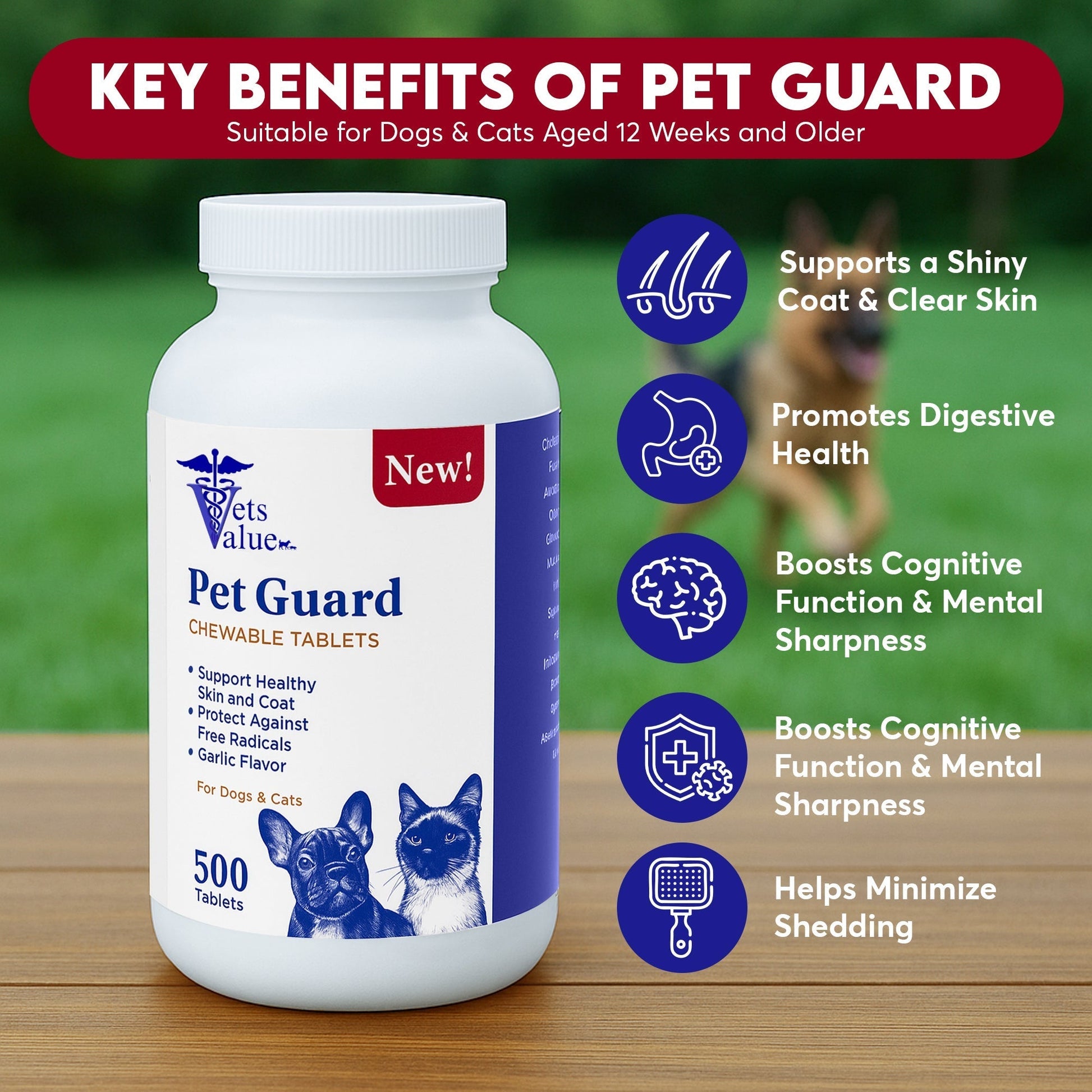 Pet Guard Chewable Tablets for Dogs and Cats – Helps Maintain Healthy Skin and Coat, Garlic Flavor - 500 Count- Natural Flea & Tick Horizon Animal Care