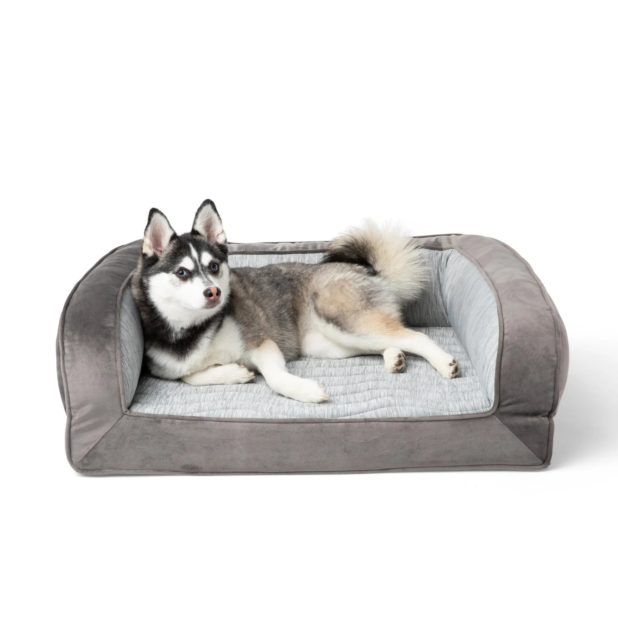 PupChill™ Cooling Bolster Dog Bed + Waterproof Blanket Bundle - Arctic Grey Paw.com