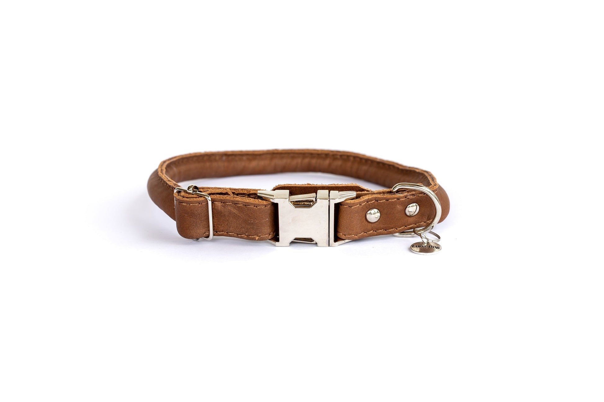 Rolled Style Light Brown Leather Quick-Release Dog Collar Euro-Dog Collars and Leads