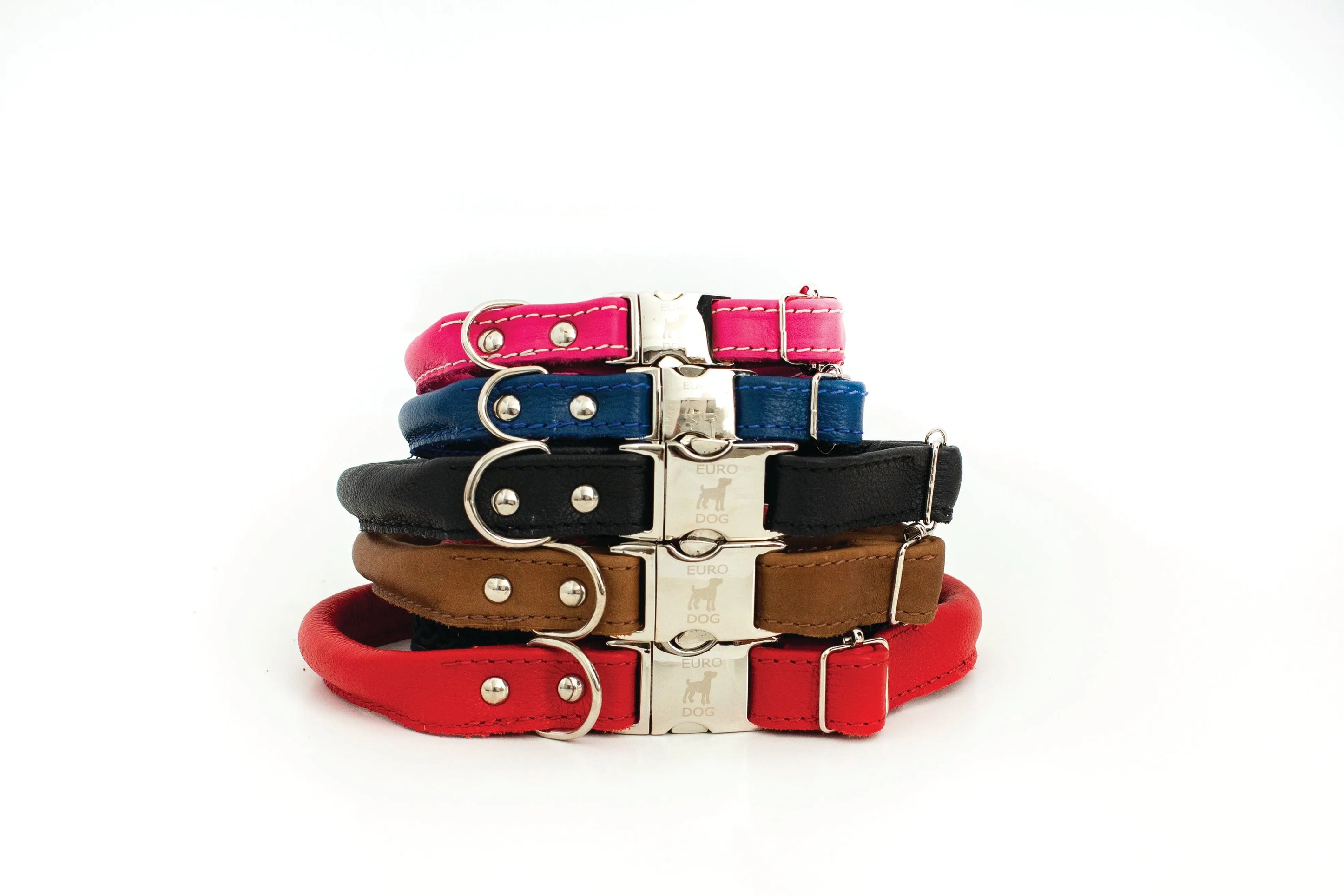 Rolled Style Pink Leather Quick-Release Dog Collar Euro-Dog Collars and Leads