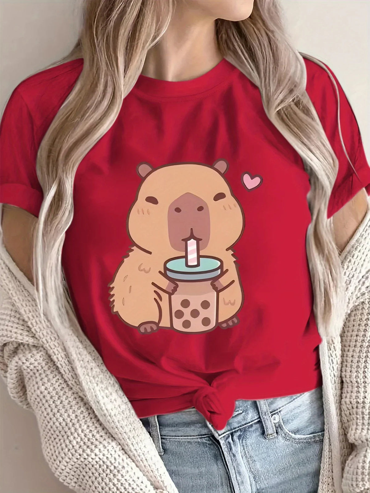 Women's Cute Capybara Boba Tee - Casual Short Sleeve Round Neck Polyester Knit Machine Washable Capybara T Shirt