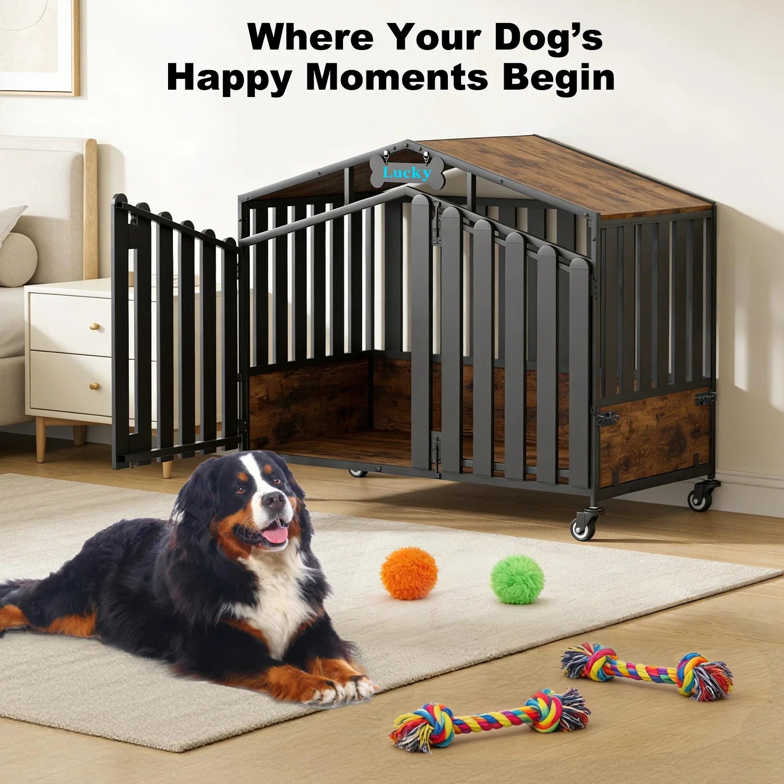 Heavy Duty Dog Crate Furniture with Wheels for Large Dogs