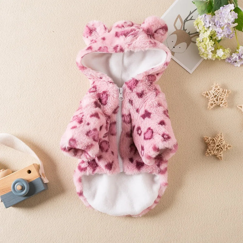 Fashion Leopard Print Dog Clothes Warm Fleece Thickened Dog Coat Jacket Teddy Pet Padded Coat Cat