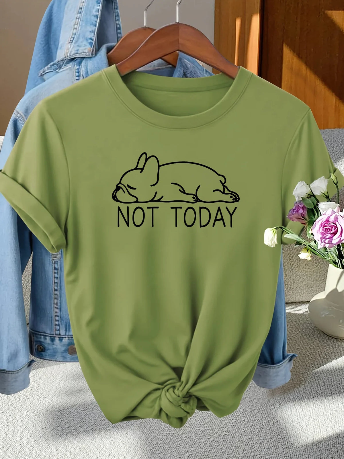 Not Today French Bulldog Women's Tee - Lazy Dog Graphic, Casual Gray Top