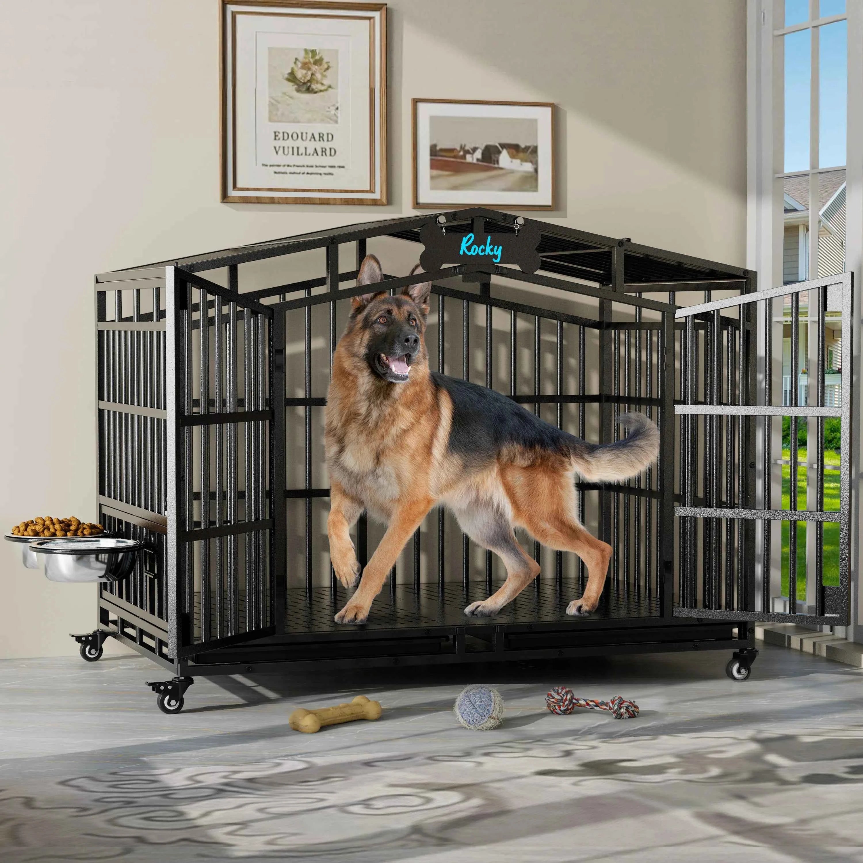 EasyCom Heavy Duty Metal Dog Crate with Bowls and Wheels