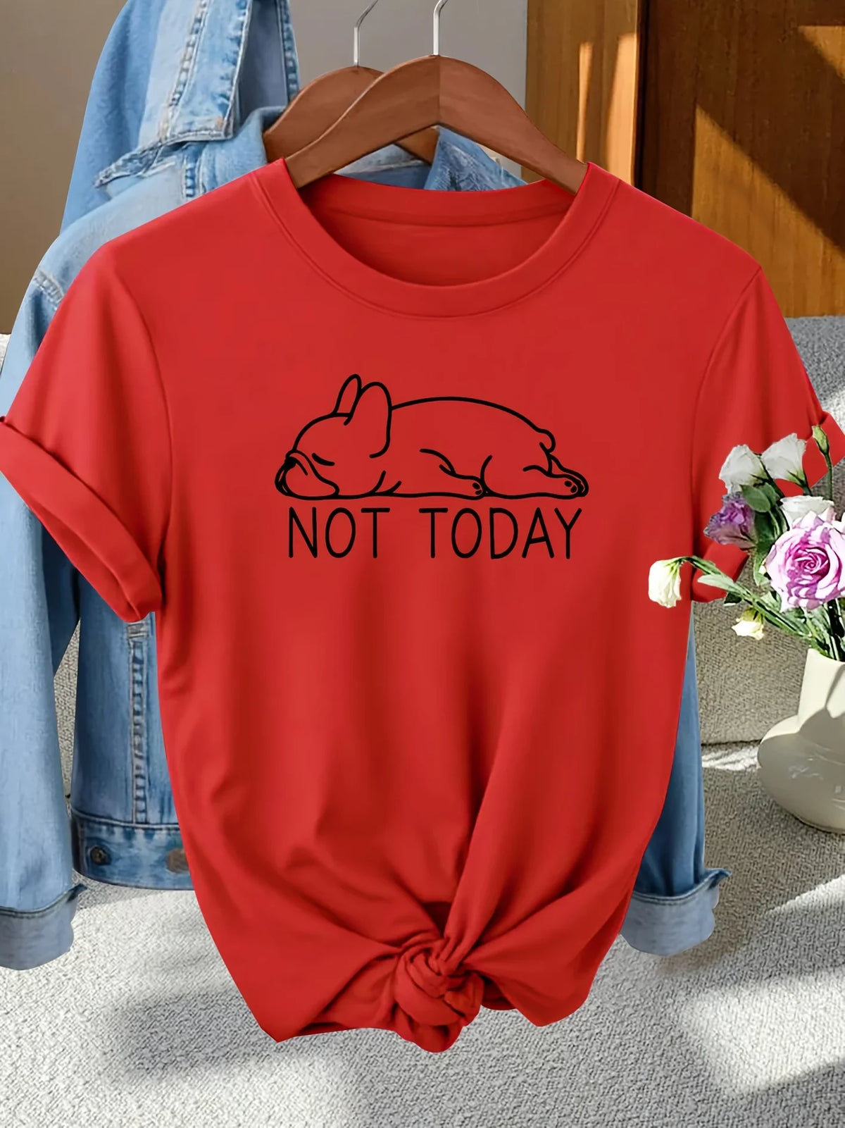 Not Today French Bulldog Women's Tee - Lazy Dog Graphic, Casual Gray Top