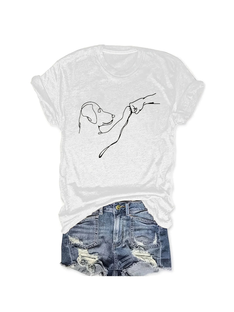 Dog & Hand Print T-Shirt, Casual Crew Neck Short Sleeve Top for Spring & Summer, Women's Clothing
