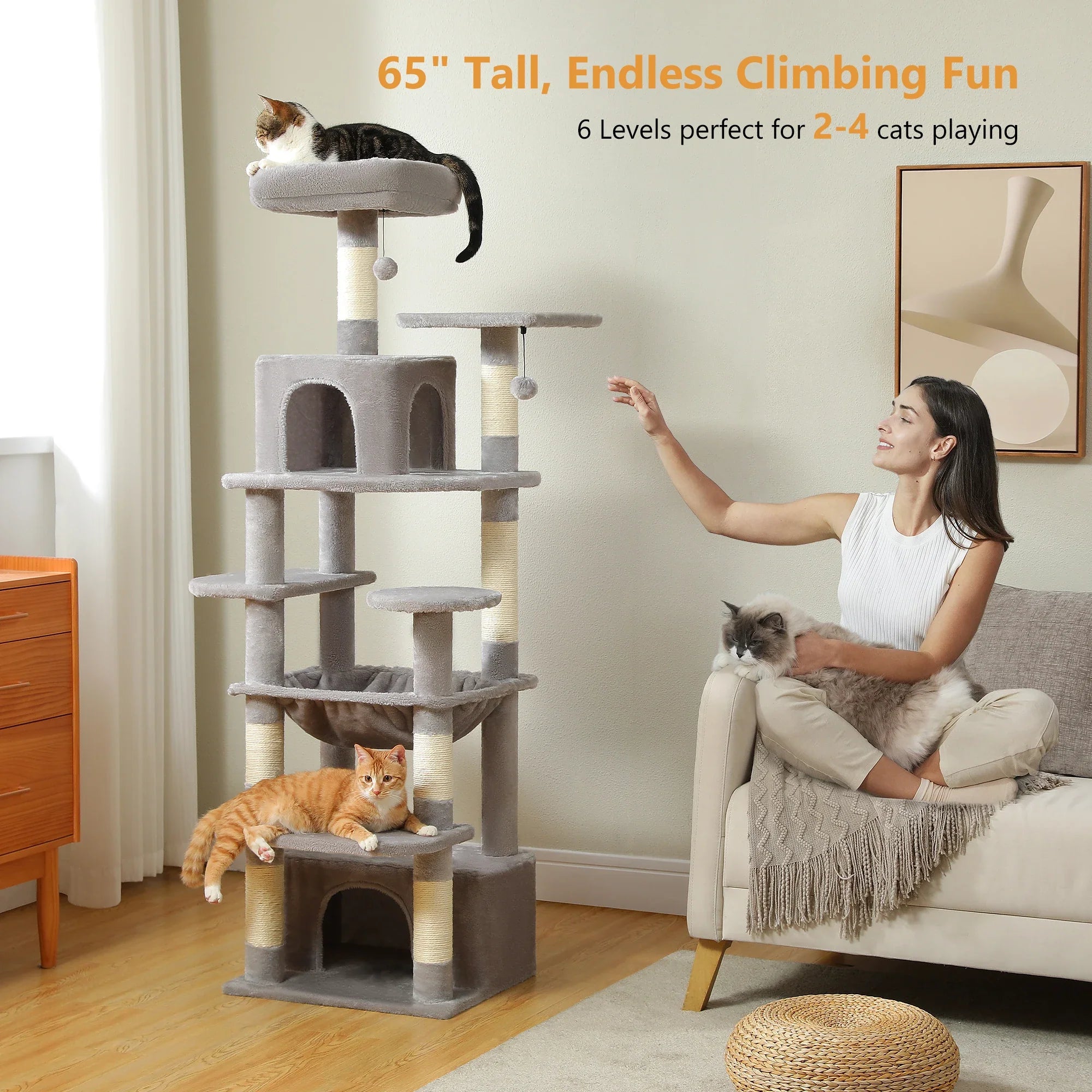PAWZ Road Large Cat Tree Tower - 72" Multi-Level with Condo Grey
