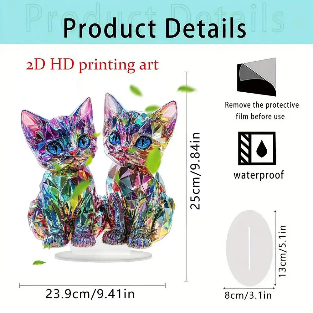 Colorful 2D Acrylic Cat Figurine - Modern Desktop Sculpture 9.8"