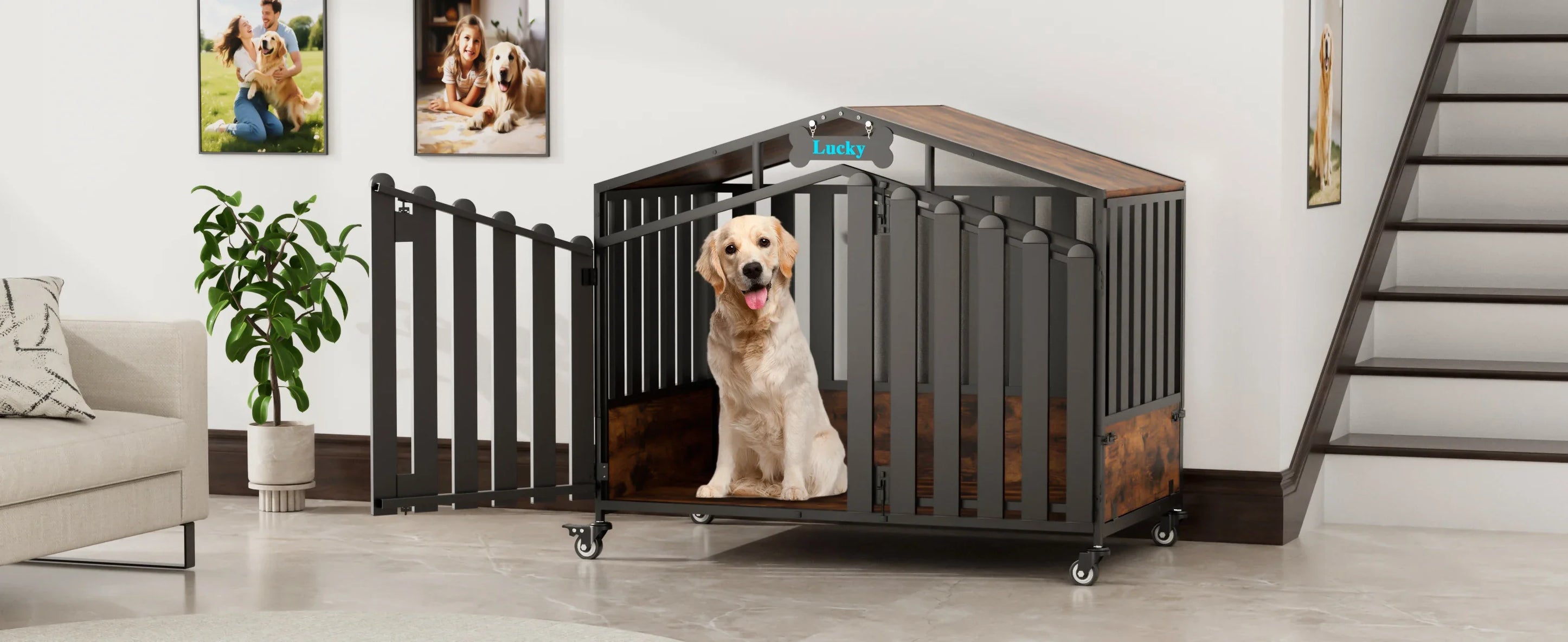 Heavy Duty Dog Crate Furniture with Wheels for Large Dogs