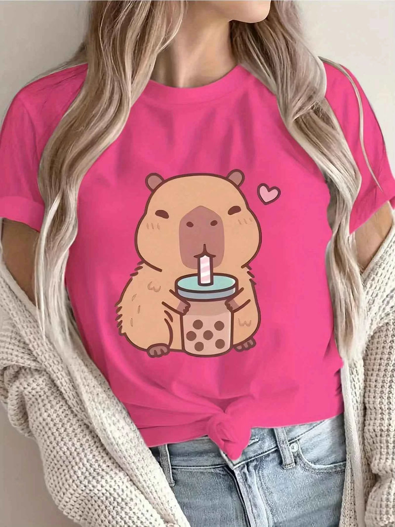 Women's Cute Capybara Boba Tee - Casual Short Sleeve Round Neck Polyester Knit Machine Washable Capybara T Shirt