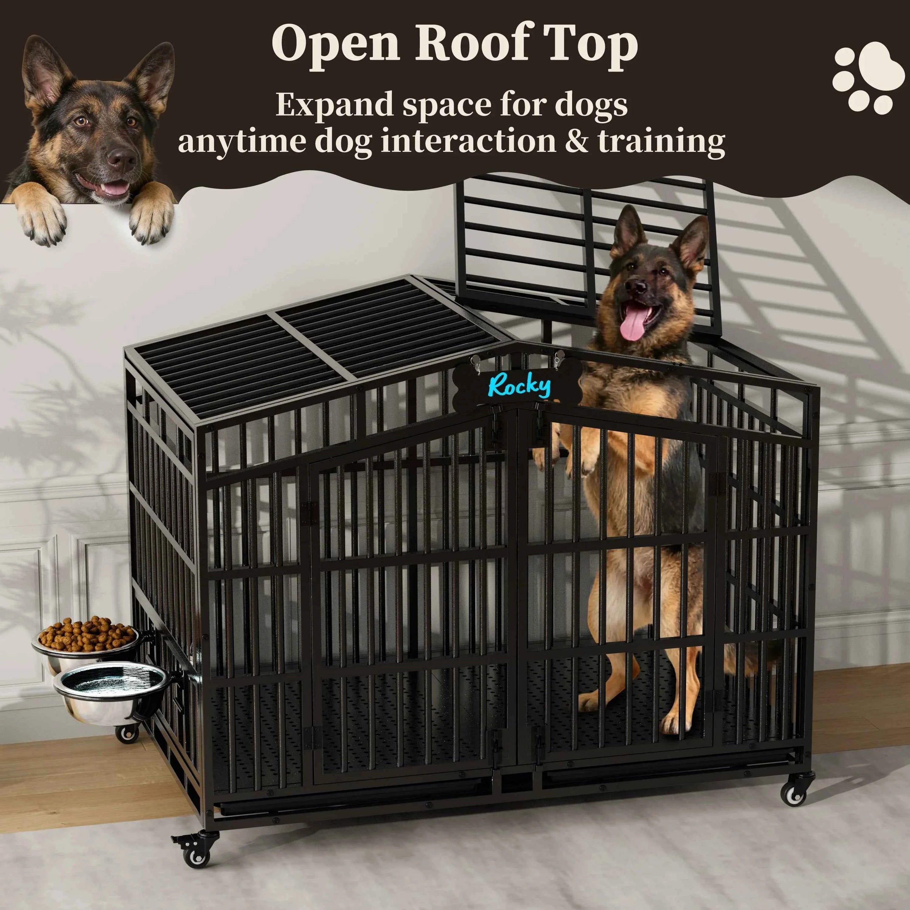 EasyCom Heavy Duty Metal Dog Crate with Bowls and Wheels