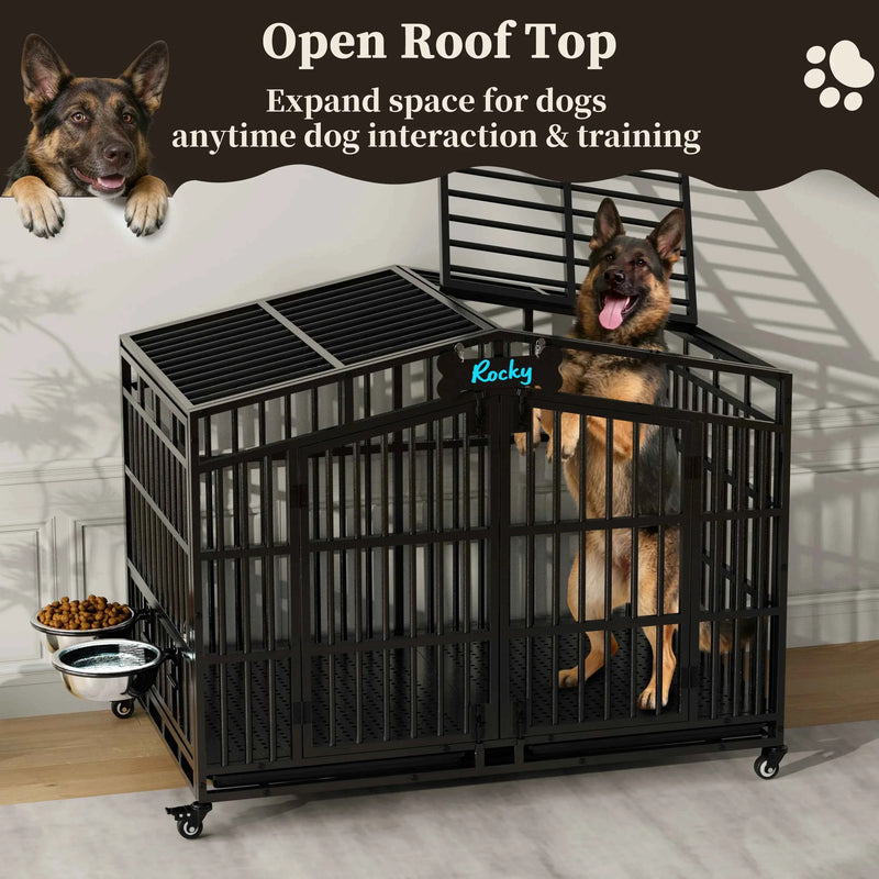 EasyCom Heavy Duty Metal Dog Crate with Bowls and Wheels