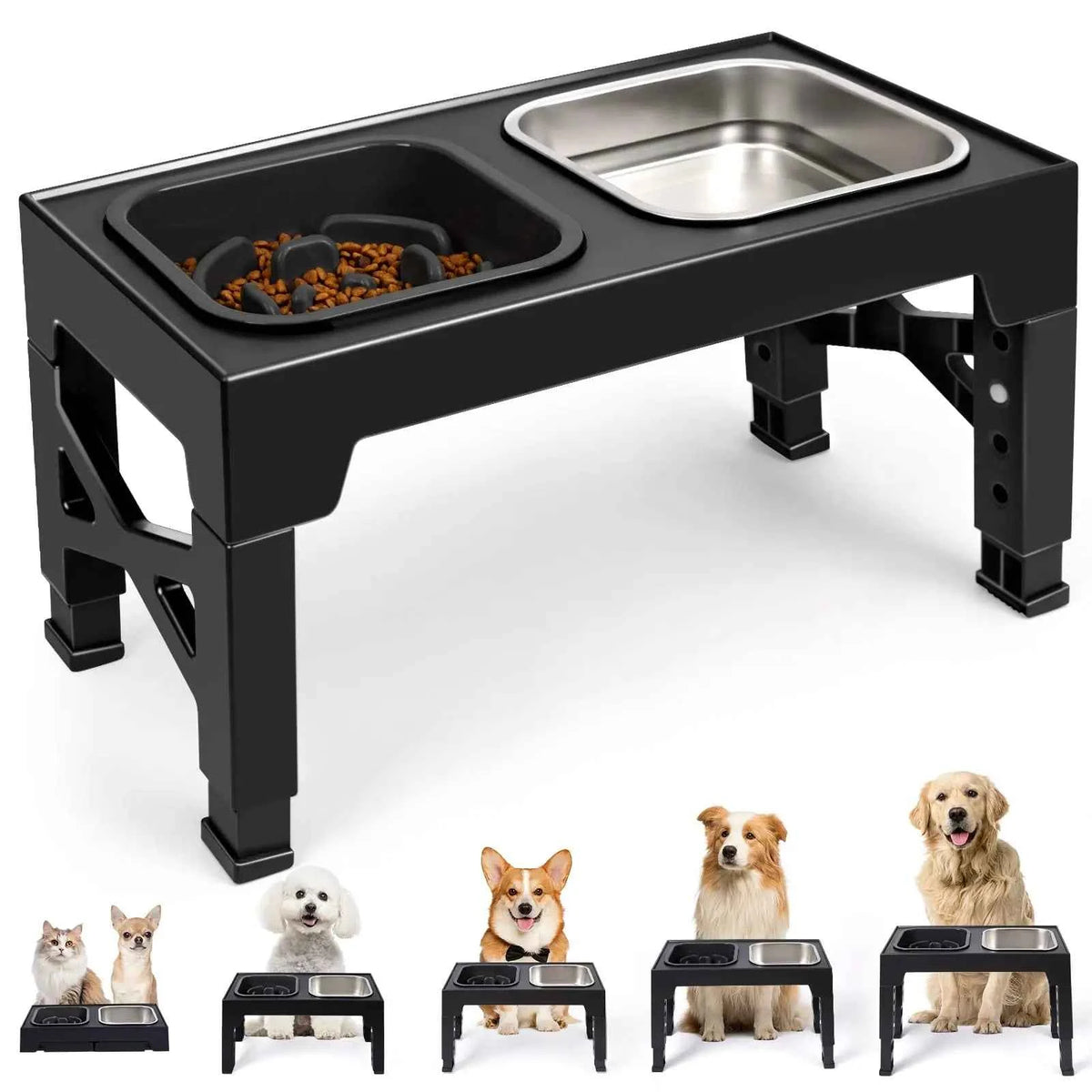 Elevated Slow Feeder Dog Bowls - 5 Heights Adjustable Stand
