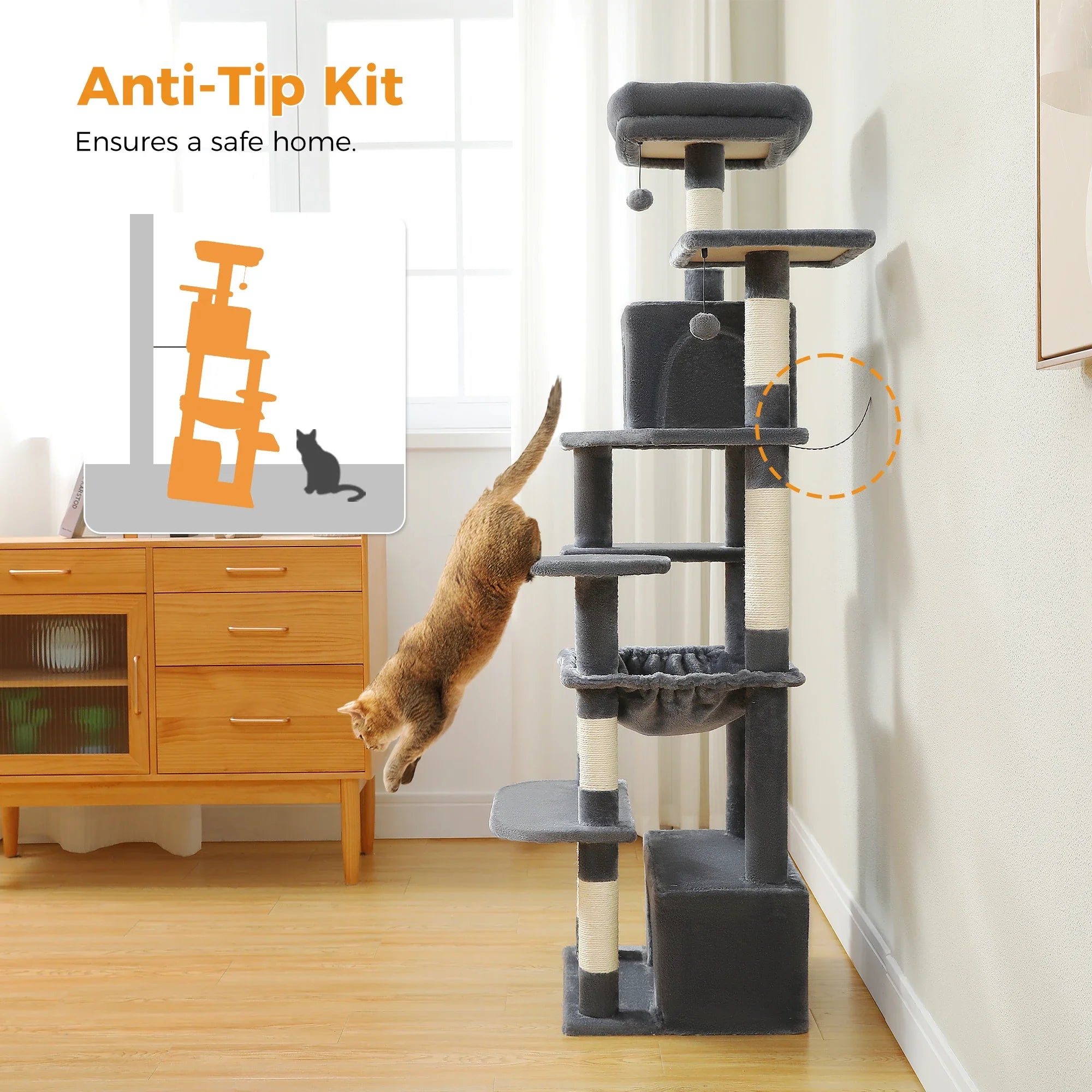 PAWZ Road Large Cat Tree Tower - 72" Multi-Level with Condo Grey