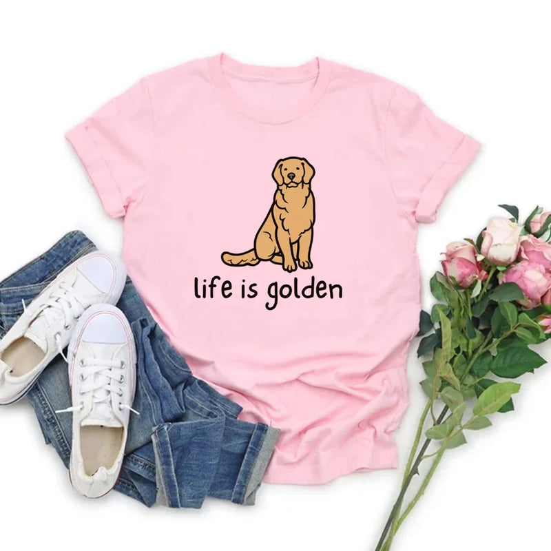 Cute Golden Retriever Dog Mom Tshirt Life Is Golden Shirt O-Neck T-shirts Casual Short Sleeve Tee English Retriever Gift Y2K Top
