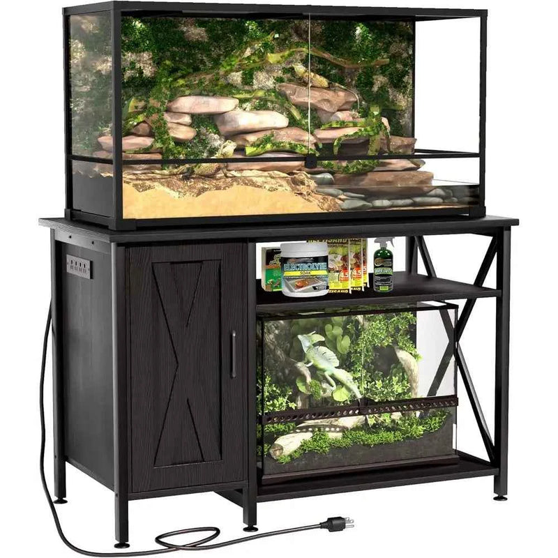 40-120 Gallon Black Reptile Tank Stand with Storage and Power Outlet, 48x24 Tabletop