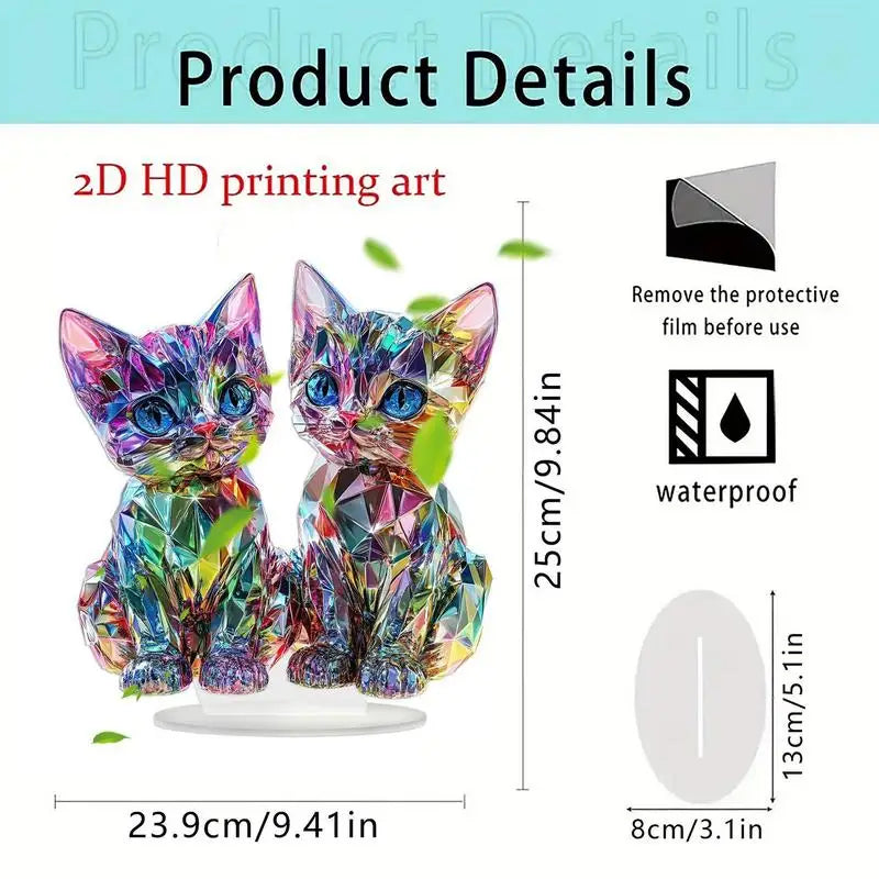 Colorful 2D Acrylic Cat Figurine - Modern Desktop Sculpture 9.8"