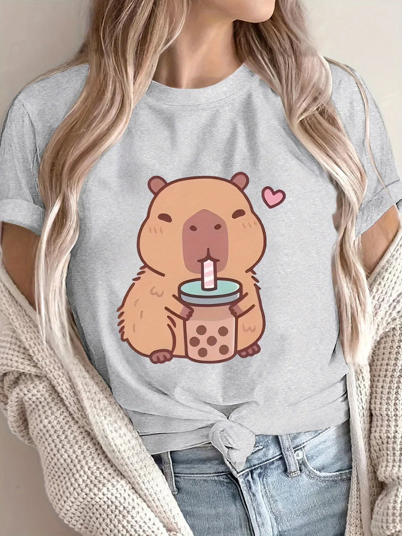 Women's Cute Capybara Boba Tee - Casual Short Sleeve Round Neck Polyester Knit Machine Washable Capybara T Shirt