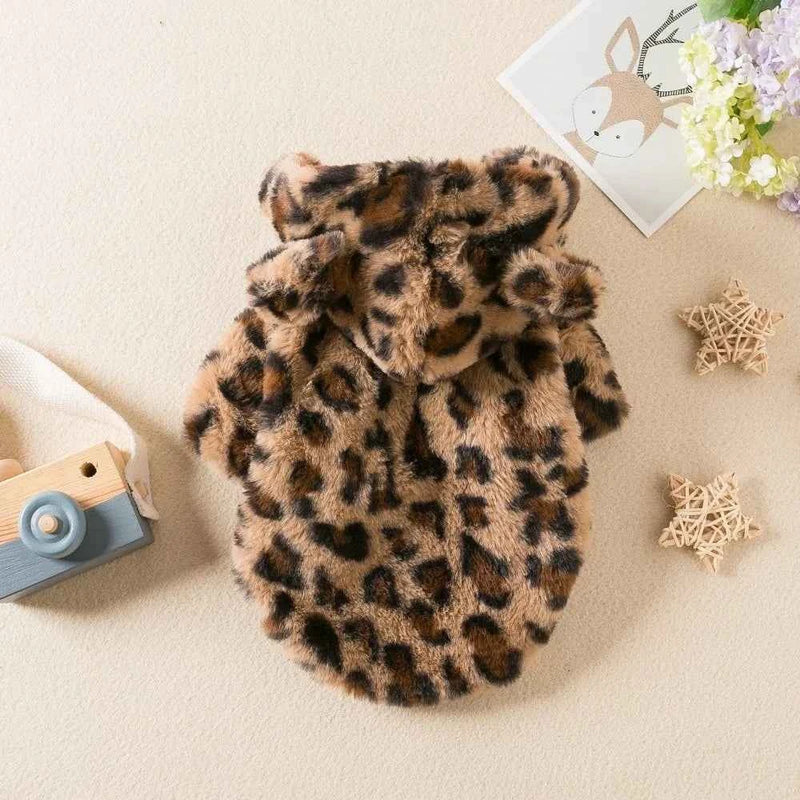 Fashion Leopard Print Dog Clothes Warm Fleece Thickened Dog Coat Jacket Teddy Pet Padded Coat Cat