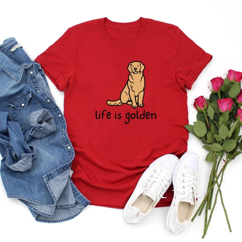 Cute Golden Retriever Dog Mom Tshirt Life Is Golden Shirt O-Neck T-shirts Casual Short Sleeve Tee English Retriever Gift Y2K Top