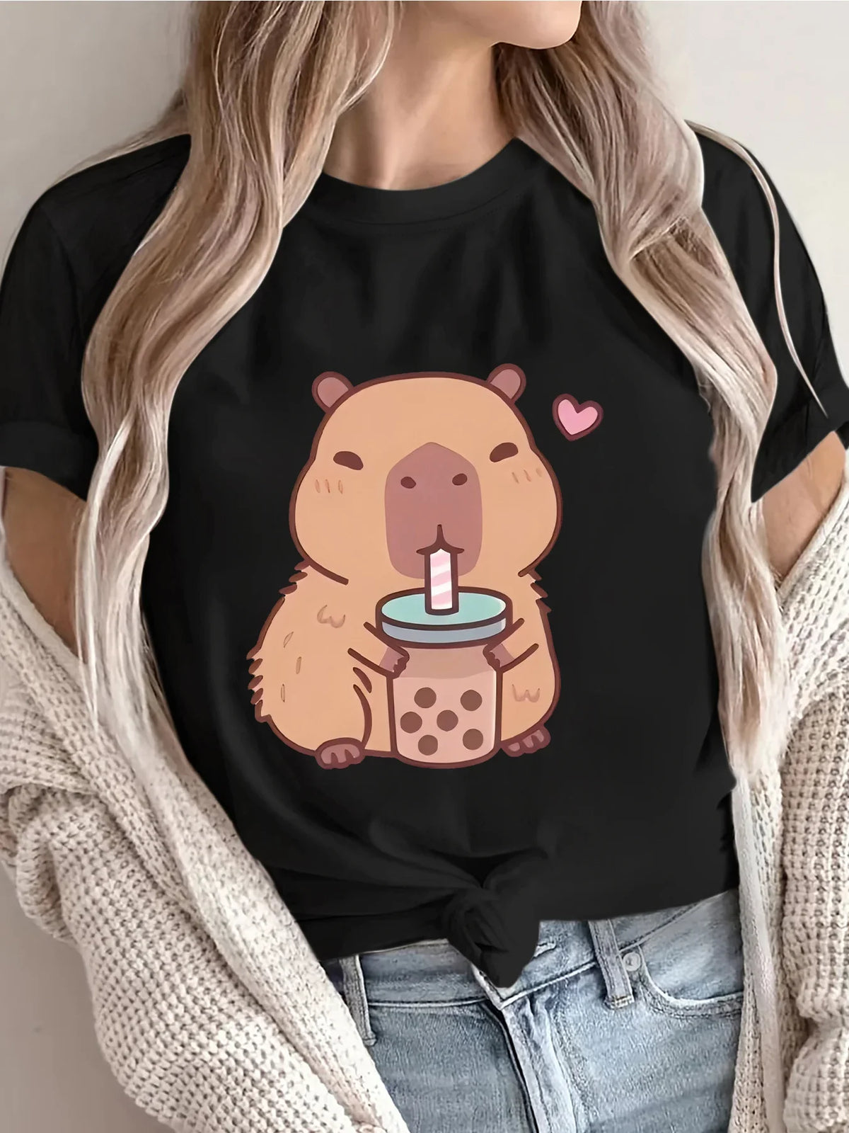 Women's Cute Capybara Boba Tee - Casual Short Sleeve Round Neck Polyester Knit Machine Washable Capybara T Shirt