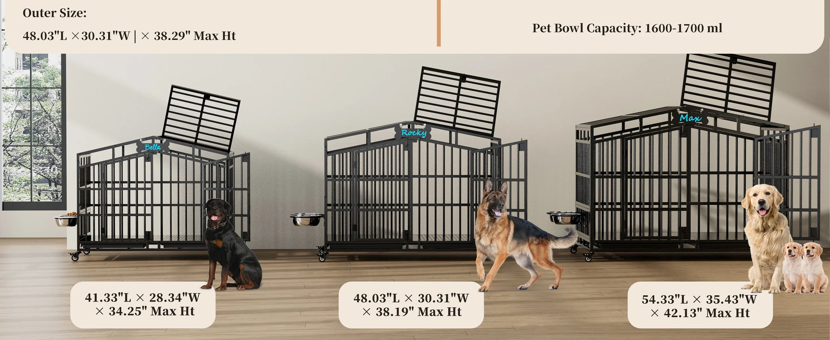 EasyCom Heavy Duty Metal Dog Crate with Bowls and Wheels